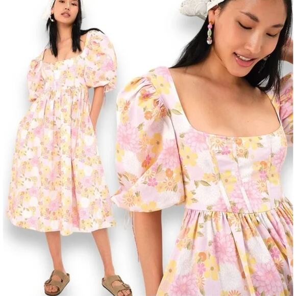 (XS) NWT $276 For Love & Lemons Carrie Midi Dress in Pink Multi - Picture 1 of 8